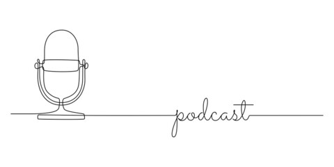 Continuous one line drawing of podcast microphone. Vintage mike in simple linear style for banner music, webinar, online training. Editable stroke and Doodle vector illustration