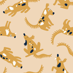 Seamless pattern with cute funny beige dogs with  spots. Funny dogs in a simple design. Baby fabric design. Flat vector illustration.