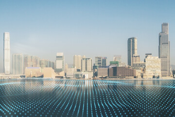 Abstract city wallpaper with mock up place in sky and wireframe waterfront. Technology, smart city...