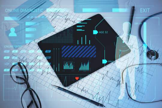 Close up of doctor's desktop with tablet, stethoscope and glowing online medicine hologram. Healthcare, future and technology concept. Double exposure.