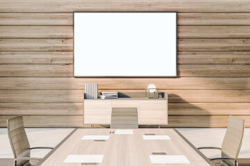 Modern wooden conference interior with furniture with empty white mock up poster. Law and legal concept. 3D Rendering.