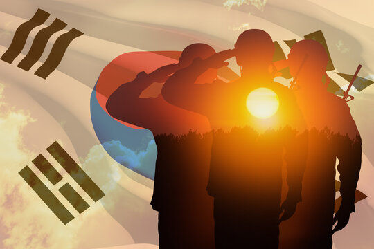 Silhouettes of soldiers with print of sunset saluting on a background of South Korea flag. Concept - armed forces of Korea. Greeting card for Memorial Day, Liberation Day. 3D-render.