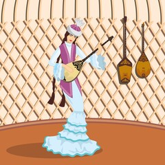 Vector image of a dancing girl playing a musical instrument - dombra, in a Kazakh national costume with ornaments on the background of a yurt 