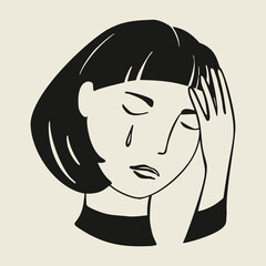 Woman feels unhappy, crying, depressive mood. Hand drawn vector illustration of person with panic or mental disorder. Anxiety, depression, stress, headache.