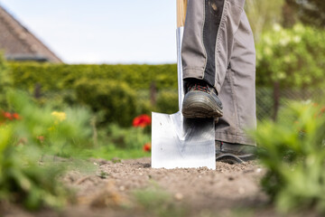 A spade digging into soil in a garden