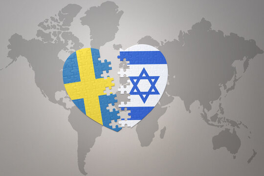 puzzle heart with the national flag of sweden and israel on a world map background. Concept.