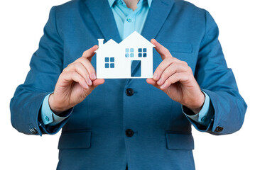 Man holding a small wooden house in the hand isolated of white background.