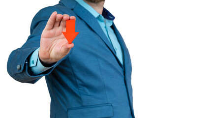 A businessman's hand is holding a red arrow down on a white background. The concept of reducing costs and profits, falling living standards and prices. Decreased projections, depressed economies