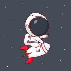 Cute cartoon character of Astronaut riding rocket. Hand drawn chibi character isolated background.
