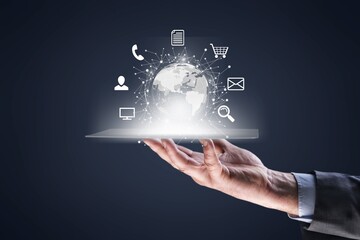 Businessman holds digital table press info graphic icon of community technology digital.Concept Communication Network