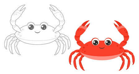 Coloring page outline of cartoon crab. Coloring book for children. Funny vector ocean animals, fish. Simple flat  illustration. 