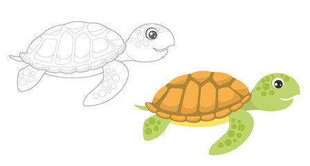Coloring page outline of cartoon turtle. Coloring book for children. Funny vector ocean animals, fish. Simple flat  illustration. 