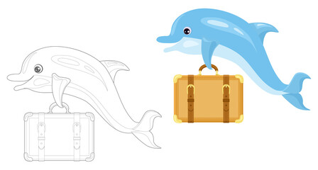 Coloring page outline of cartoon dolphin with suitcase. Coloring book for children. Funny vector ocean animals, fish and travel stuff. Simple flat  illustration. 