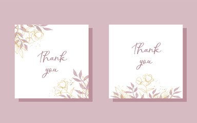 Leaves on a greeting, thank you card. Watercolour in gold and pink tones. The inscription thank you.