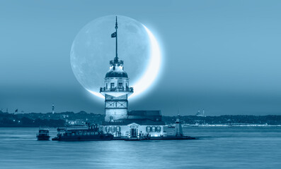 Istanbul Maiden Tower (kiz kulesi) with majestic crescent moon - Istanbul, Turkey