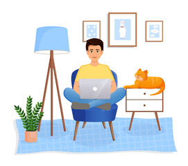 Fototapeta premium Man is sitting on a chair at home at a laptop computer. Remote work, office at home, programming, freelance. Study at home in quarantine. Vector illustration. Cozy interior with a cat.