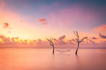Beautiful bright sunset on a tropical paradise beach. Abstract long exposure water and sky, tree branches with swing or hammock. Amazing lagoon, island shore, relaxation, recreation leisure carefree