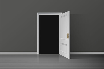 3d realistic vector illustration background. Open white wooden door with darkness inside the room.