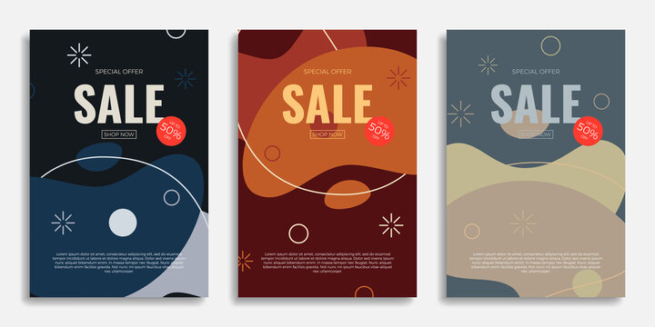 Modern abstract SALE posters set with colorful geometric shapes. Trendy design with liquid objects. EPS10 vector files easy to edit and customize