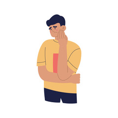 Young man suffering from toothache. Guy with painful expression, holding his cheek with hand. Hand drawn color vector illustration isolated on white background. Modern flat cartoon style.
