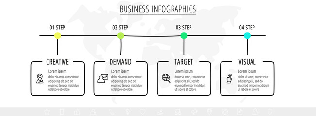 Vector line infographics with 4 rectangles. Business concept graphic process template with four steps and labels. Graphic timeline for step by step, levels, web, diagram, banner, presentations