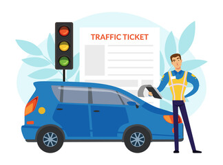Naklejka premium Man Road Police Officer Writing Out Fine for Violating Traffic Rules Vector Illustration