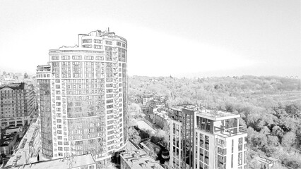 The architecture of the city of Kyiv is made with a pencil drawing. Business center, building. Ukraine, business concept.