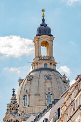 Fototapeta na wymiar Church of Our Lady at Neumarkt square in downtown of Dresden in summer sunny day with blue sky, Germany, details, closeup.