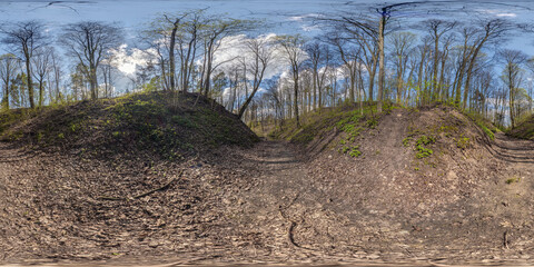 Full spherical seamless hdri 360 panorama angle view on path in ravine among deciduous forest in equirectangular projection, VR AR content