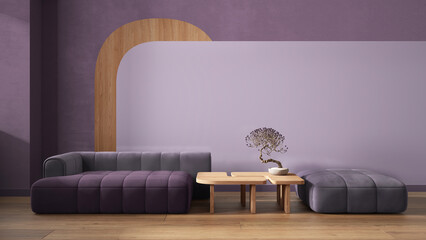 Elegant living room close up in purple tones, modern sofa and pouf, wooden side table with bonsai, concrete walls with decors. Parquet floor. Copy space. Contemporary interior design