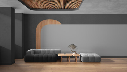 Elegant living room in gray tones, modern sofa and pouf, wooden side table with bonsai, concrete walls with decors. Parquet and cane ceiling. Copy space. Contemporary interior design