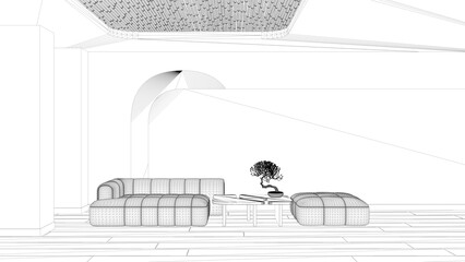 Blueprint project draft, elegant living room, modern sofa and pouf, table with bonsai, concrete walls with decors. Parquet and cane ceiling. Copy space. Contemporary interior design