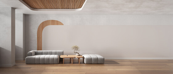 Panoramic view of elegant living room in white tones, sofa and pouf, wooden table with bonsai, concrete walls. Parquet and cane ceiling. Copy space. Contemporary interior design idea