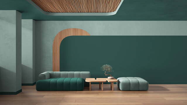 Elegant living room in turquoise tones, modern sofa and pouf, wooden side table with bonsai, concrete walls. Parquet and cane ceiling. Copy space. Contemporary interior design