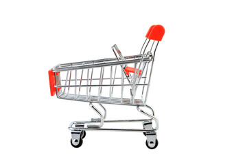 Close-up Shopping cart or shopping trolley isolated on white background with clipping path selection. Shopping concept.