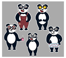 A set of 5 pandas that depict different emotions. Vector stock illustration. Grey background. Cartoon