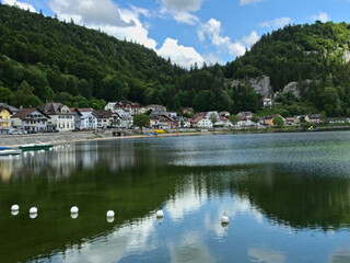 Lac de Joux, Switzerland - May 2022: Hiking around the beautiful Lac de Joux in the Swiss Jura Mountains