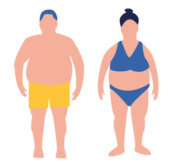 Flat cartoon illustration of overweight woman and man. Plus size person male and female characters. Body positive . I love my body. Adults with overweight problems. Isolated on a white background.