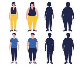 Fototapeta premium Flat cartoon illustration of overweight woman and man and slim fit male and female characters of large sizes. Body mass index concept. Adults with overweight problems. Separate on a white background.