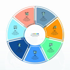 Basic circle infographic template with 7 steps, process or options, process chart, Used for process diagram, presentations, workflow layout, flow chart, infograph. Vector eps10 illustration.
