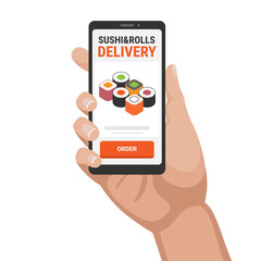 Order online delivery of sushi and rolls. Smartphone in hand with food ordering app open.