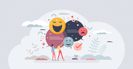 Sentiment analysis and written text emotion recognition tiny person concept. Identify customer opinion using automated AI machine technologies with voice and chat processing tools vector illustration. - obrazy, fototapety, plakaty