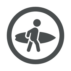 Beach holidays. Logo Surf. Icono plano silueta de surfista con tabla en círculo color gris