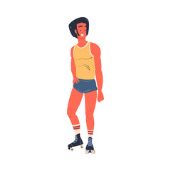 Retro Dressed Man Roller Skater in Shorts Roller Skating and Smiling Vector Illustration