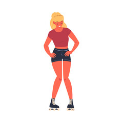 Retro Dressed Woman Roller Skater in Shorts Roller Skating and Smiling Vector Illustration
