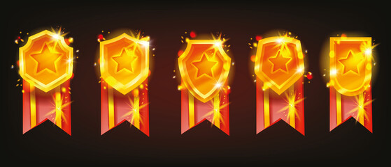Golden game badge vector set, level up achievement, award UI medal shield kit, shiny rank reward. Rating bonus star, interface tournament design element, winner champion coin. Game badge leader assets © Oleksandra