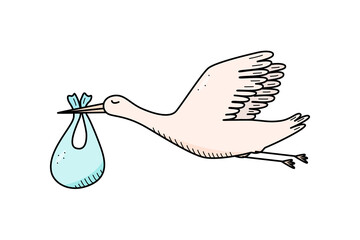 Stork and newborn cartoon doodle. Vector illustration of the concept of the birth or appearance of a baby.