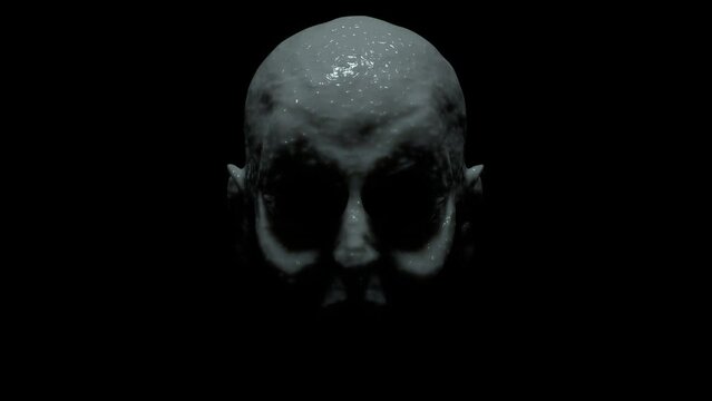 Creepy pale creature without eyes raise its head on black background 3d 4k animation. Halloween monster with spooky skin in the darkness. Face close-up