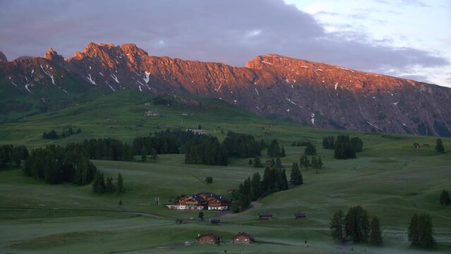 Sunrise in the mountains of Italian Dolomites (Alpe di Suisi)