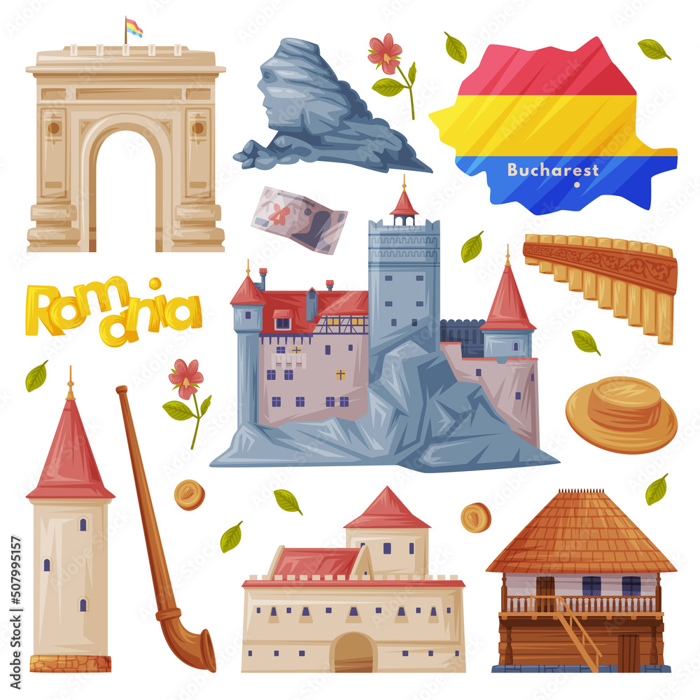 Poster romania traditional symbol and object with romanian bran castle and triumphal arch vector set